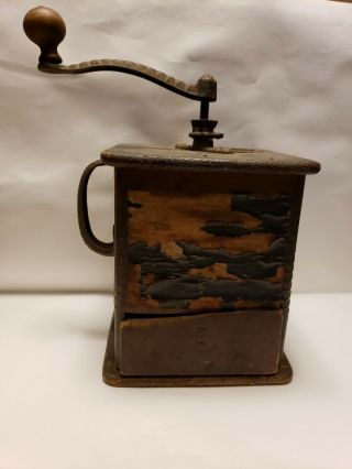 Rare Vintage Antique Primitive Wooden Tin Metal Coffee Grinder