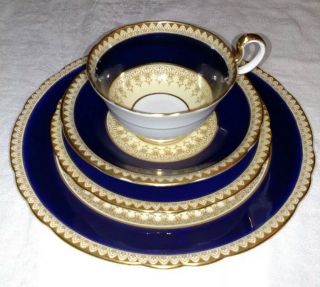 Vintage Aynsley Bone China England " Cumberland " Cobalt Blue Tan Gold Filagree