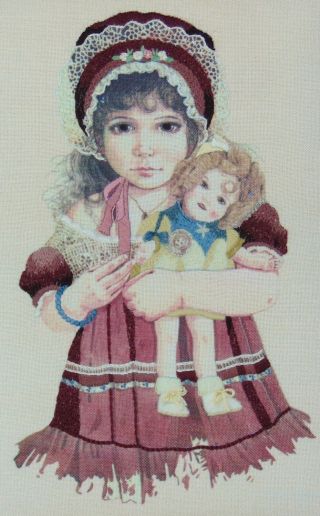 Vintage Crewel Work Little Girl & Her Shirley Temple Doll Framed