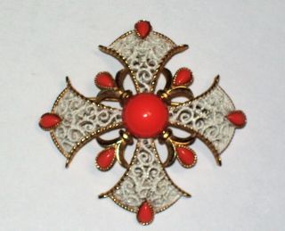 Vintage Trifari Faux Coral White Enamel Maltese Cross Brooch