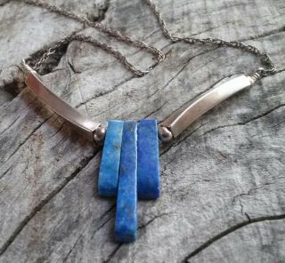 Vtg Unusual Navajo Old Pawn Sterling Silver Lapis Lazuli 17 " Necklace 621e