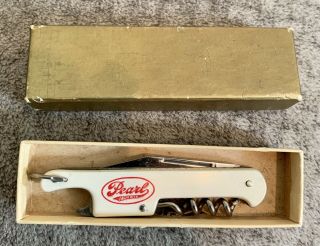 Vintage Pearl Lager Beer Pocket Knife With Cork Screw - Usa