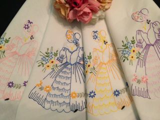 Vintage Hand Embroidered Tablecloth Crinoline Ladies And Flowers