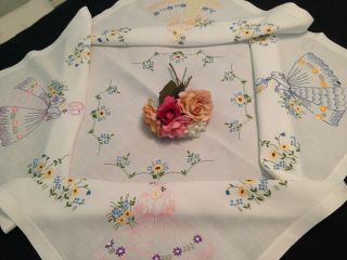 VINTAGE HAND EMBROIDERED TABLECLOTH CRINOLINE LADIES AND FLOWERS 2