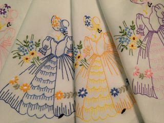 VINTAGE HAND EMBROIDERED TABLECLOTH CRINOLINE LADIES AND FLOWERS 3
