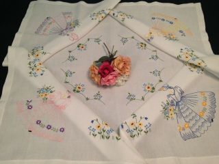 VINTAGE HAND EMBROIDERED TABLECLOTH CRINOLINE LADIES AND FLOWERS 4
