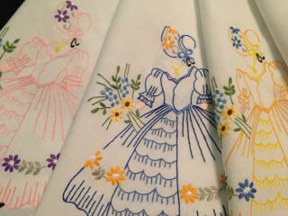 VINTAGE HAND EMBROIDERED TABLECLOTH CRINOLINE LADIES AND FLOWERS 6