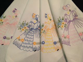 VINTAGE HAND EMBROIDERED TABLECLOTH CRINOLINE LADIES AND FLOWERS 7