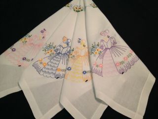 VINTAGE HAND EMBROIDERED TABLECLOTH CRINOLINE LADIES AND FLOWERS 8