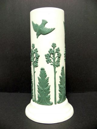 Vintage Ecanada Art Pottery Vase Beige With Green Relief Floral Ferns Doves