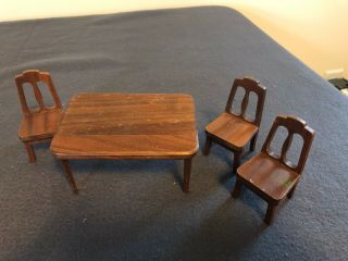 Vintage Doll House Furniture Strombecker Playthings Walnut Dining Table 3 Chairs