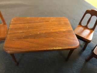 Vintage Doll House Furniture Strombecker Playthings Walnut dining table 3 chairs 2