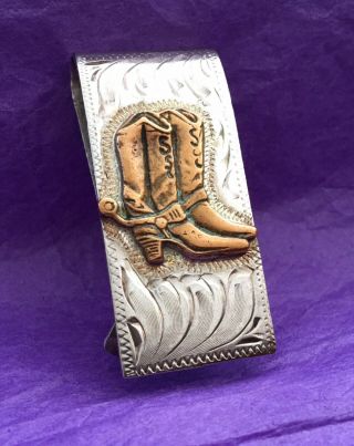 Vtg Attractive Old Western Cowboy Boots & Spurs Engraved Alpaca Money Clip