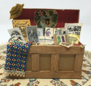 Vintage Dollhouse Miniature Trunk Chest Filled W/ Ephemera Display Letters Etc