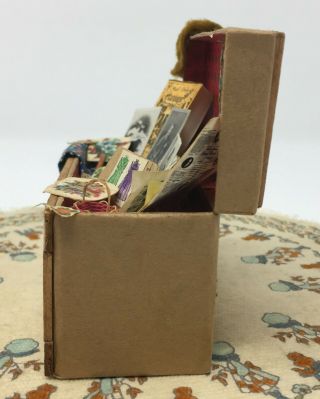 Vintage Dollhouse Miniature Trunk Chest Filled w/ Ephemera Display Letters Etc 4