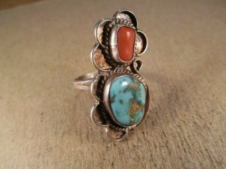 Vintage Sterling Silver & Turquoise/coral Ring,  Unsigned,  Size 6.  25,  5.  8g