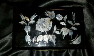 Vintage Black Lacquer Mirrored Jewlery Box With Mother Of Pearl Inlay