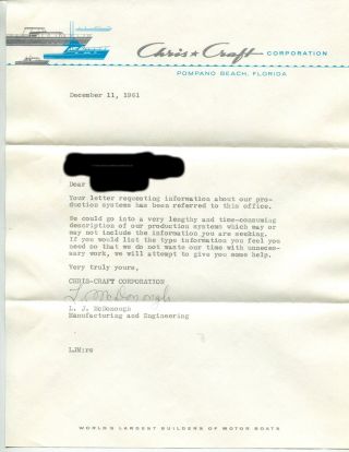 1961 Vintage Chris Craft Letter Re " Boat Production Systems "