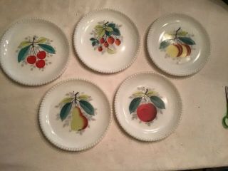 5 Vintage Westmoreland Hand Painted Beaded Edge Milk Glass Fruit Plates