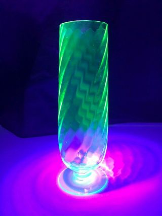 Vintage Uranium Depression Vaseline Glass Footed Vase Ribbed Twist Swirl - Glows