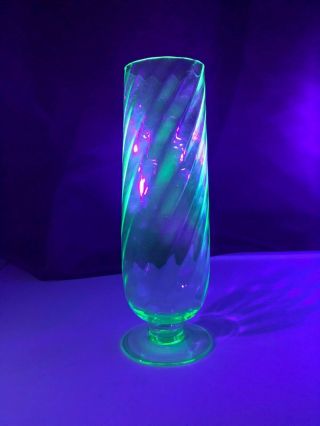 Vintage Uranium Depression Vaseline Glass Footed Vase Ribbed Twist Swirl - Glows 2