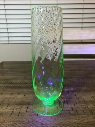 Vintage Uranium Depression Vaseline Glass Footed Vase Ribbed Twist Swirl - Glows 3