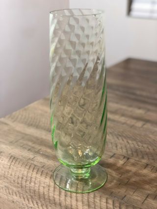 Vintage Uranium Depression Vaseline Glass Footed Vase Ribbed Twist Swirl - Glows 4