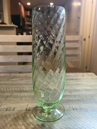 Vintage Uranium Depression Vaseline Glass Footed Vase Ribbed Twist Swirl - Glows 5