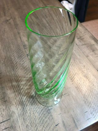 Vintage Uranium Depression Vaseline Glass Footed Vase Ribbed Twist Swirl - Glows 6