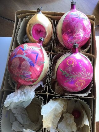 4 Large Vintage Polish Glass Christmas Ornaments Hand - Blown Painted Indent