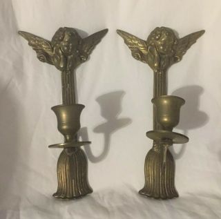2 Vintage Brass Candlesticks Wall Sconces Candle Holders Angels Cherubs