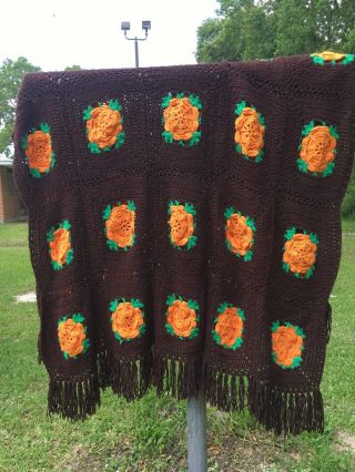 Vintage Retro 70’s Autumn/fall Large Crochet Afghan/blanket 3 D Flowers Fringed