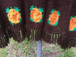 Vintage Retro 70’s Autumn/Fall Large Crochet Afghan/Blanket 3 D Flowers Fringed 2
