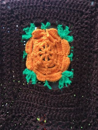 Vintage Retro 70’s Autumn/Fall Large Crochet Afghan/Blanket 3 D Flowers Fringed 3
