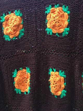 Vintage Retro 70’s Autumn/Fall Large Crochet Afghan/Blanket 3 D Flowers Fringed 4