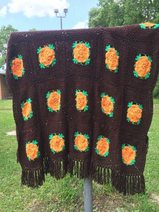 Vintage Retro 70’s Autumn/Fall Large Crochet Afghan/Blanket 3 D Flowers Fringed 5