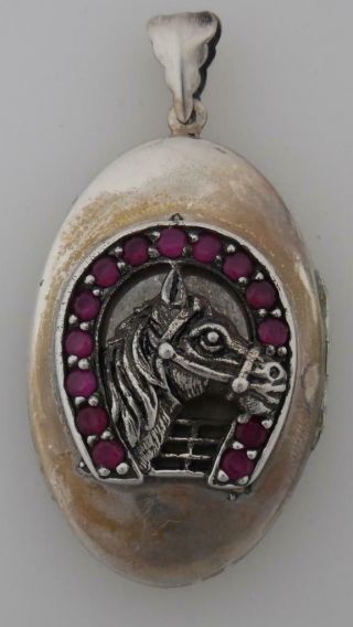 Vintage Sterling Silver & Ruby Horse Shoe Head Pendant/locket - (tt54
