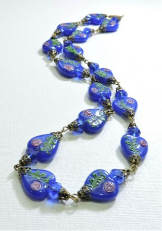 Vintage Cobalt Blue Hearts W Pink Roses Lampwork Art Glass Bead Necklace Au19335