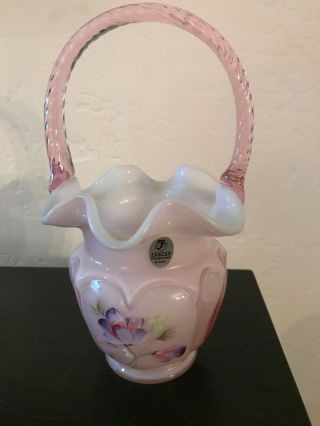Fenton Glass Cased Pink Opal Overlay Basket Hand Paint Crocus Signed C Smith Vtg