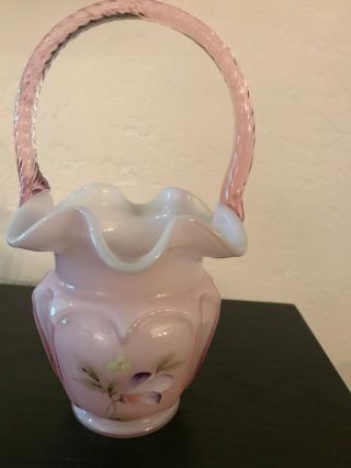 Fenton Glass Cased Pink Opal Overlay Basket Hand Paint Crocus Signed C Smith Vtg 3