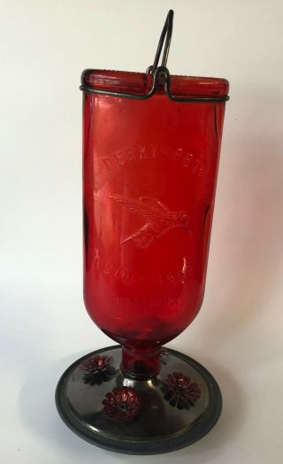 Vintage Perky - Pet Red Glass Hummingbird Feeder Since 1958 Nectar Bottle
