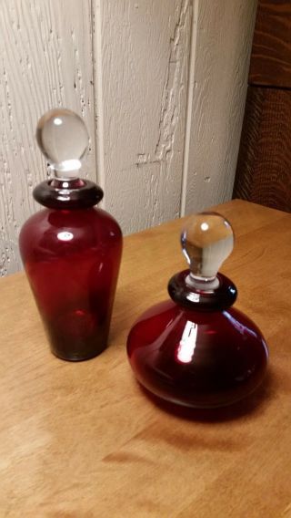 Vintage Ruby Red Glass Perfume Apothecary Bottles W/clear Glass Ball Stoppers