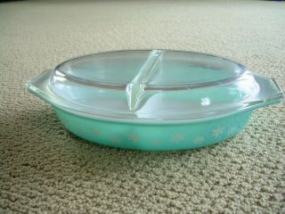 Vintage Turquoise Snowflake Pyrex 1 1/2 Qt.  17 Divided Casserole - W/glass Lid
