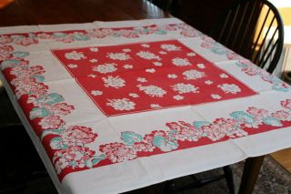 Vintage Cotton Kitchen Tablecloth 44x44 Flowers And Leaves W Red 1950s