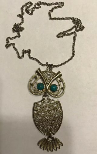 Vintage 1974 Sarah Coventry Nite Owl Pendant Necklace Silver Tone With Blue Eye