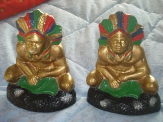 Vintage Native American Indian Chief Bookends Pair Chalkware Chalk Plaster