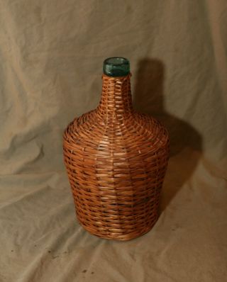 Vintage Hand Woven Basket Around Hand Blown Aqua Glass Bottle Viresa 6x10 "