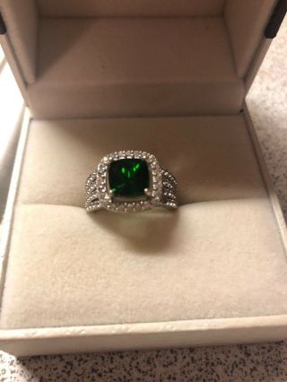 Vintage Emerald Cut Green Cubic Zirconia Sterling Silver Ring Size 6.  5