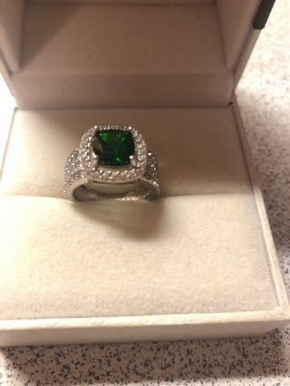 Vintage Emerald Cut Green Cubic Zirconia Sterling Silver Ring Size 6.  5 2