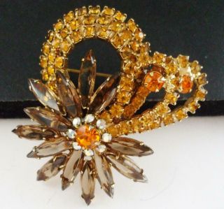 Vintage Rhinestone Flower Pin Brooch W/brown Yellow & Orange Stones